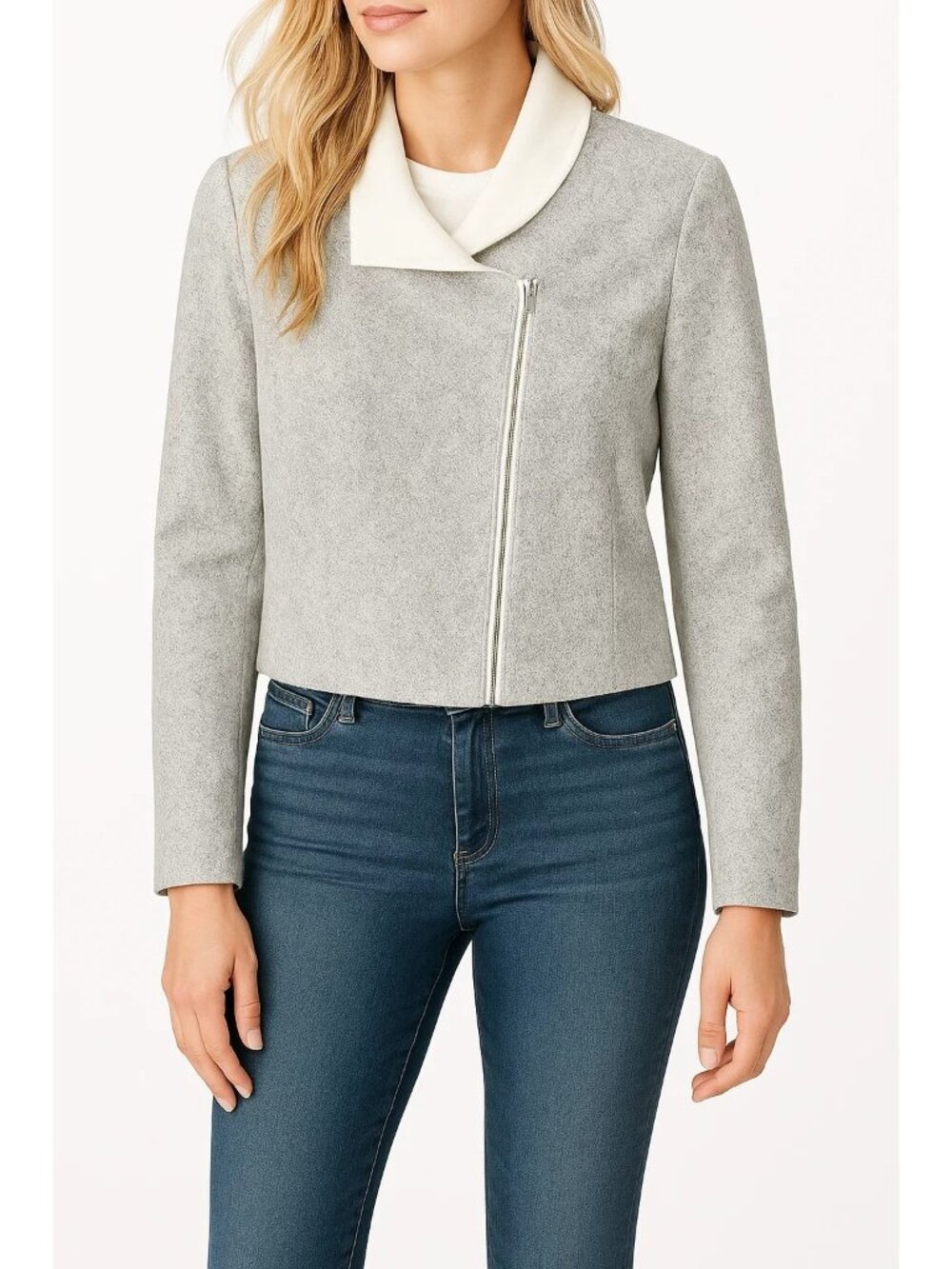 1.State Womens Full-Zip Moto Jacket Large White & Gray Long Sleeves Lined